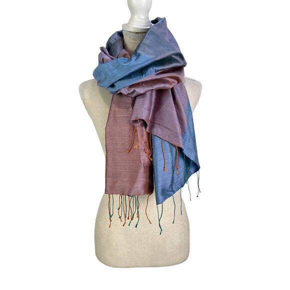 Silk Shantung Wrap Scarf Blue Orange Lightweight Cocktail - Picture 1 of 8